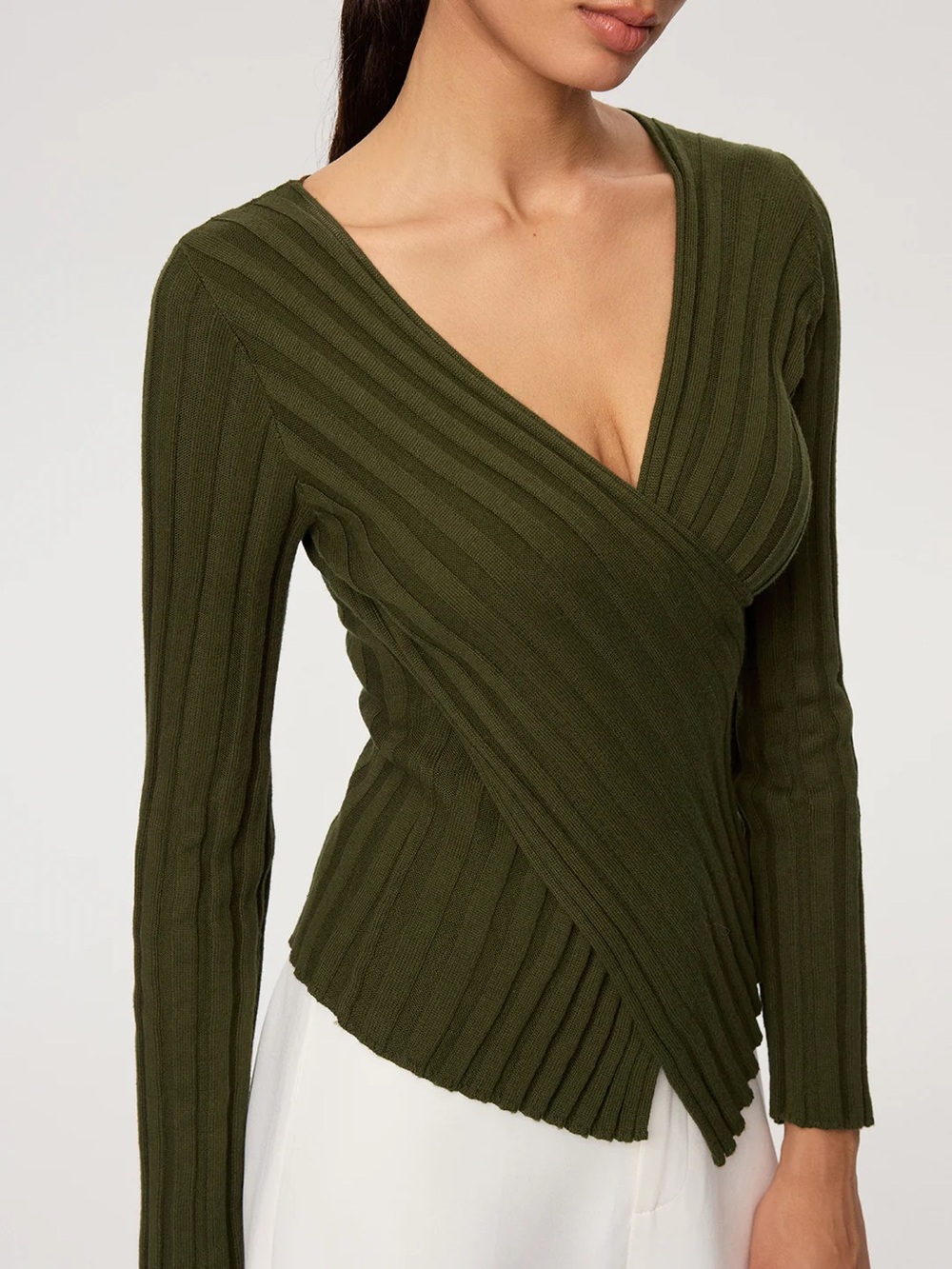 Commense Olive Green Ribbed Knit Crossover V-Neck Long Sleeve Top Women's Sz S